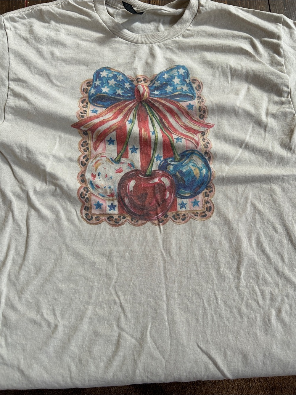 Tan Graphic Tee with Patriotic Bow & Cherries